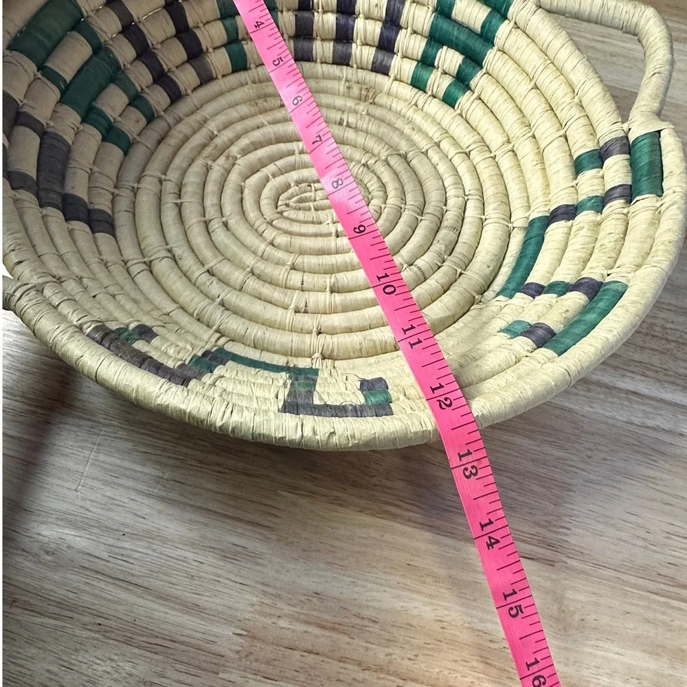 Handwoven Coiled Woven Straw Basket Tray Round Green Purple Geometric 15in‎